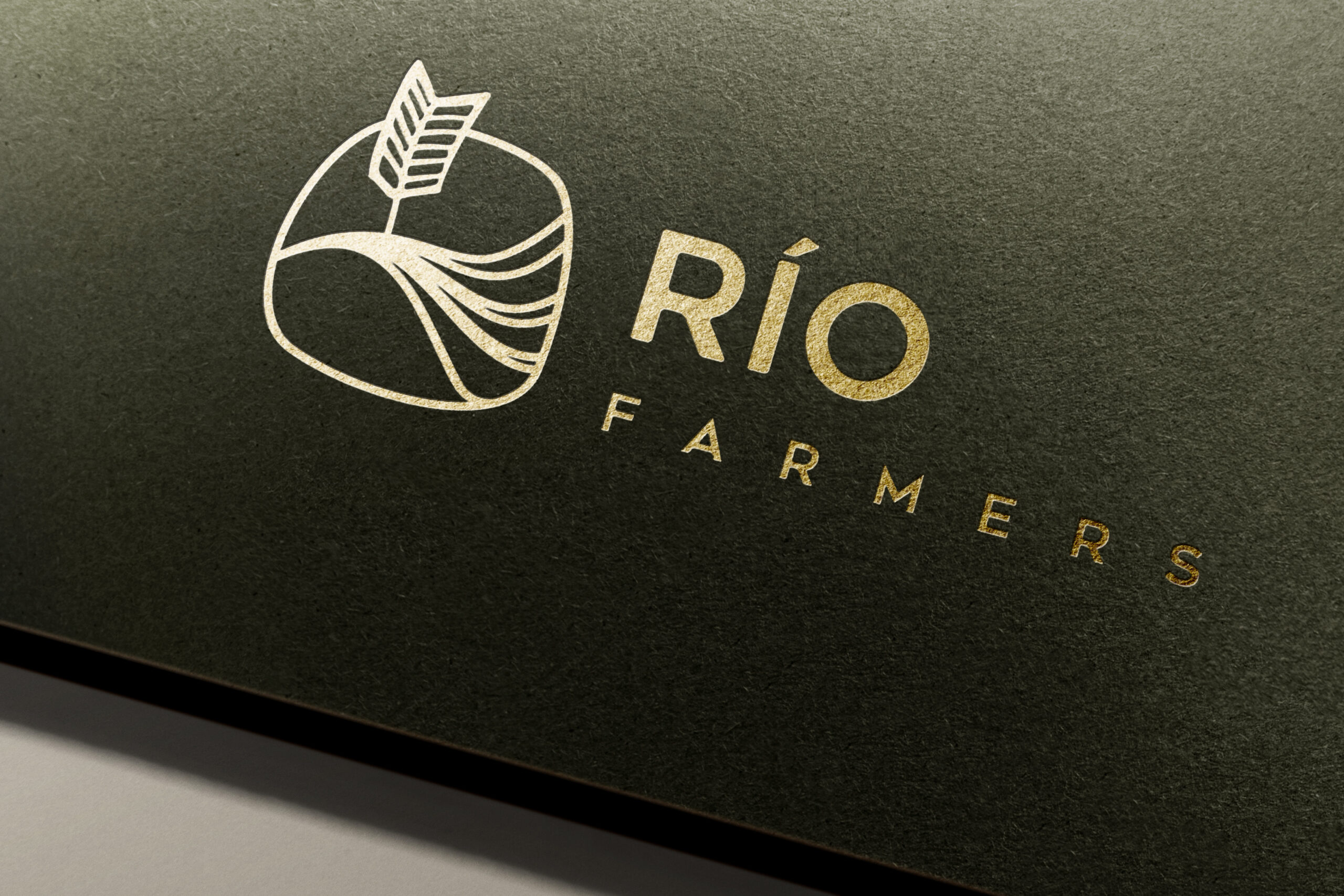 Caja con logotipo Río Farmers verde, diseño de merchandising agrario