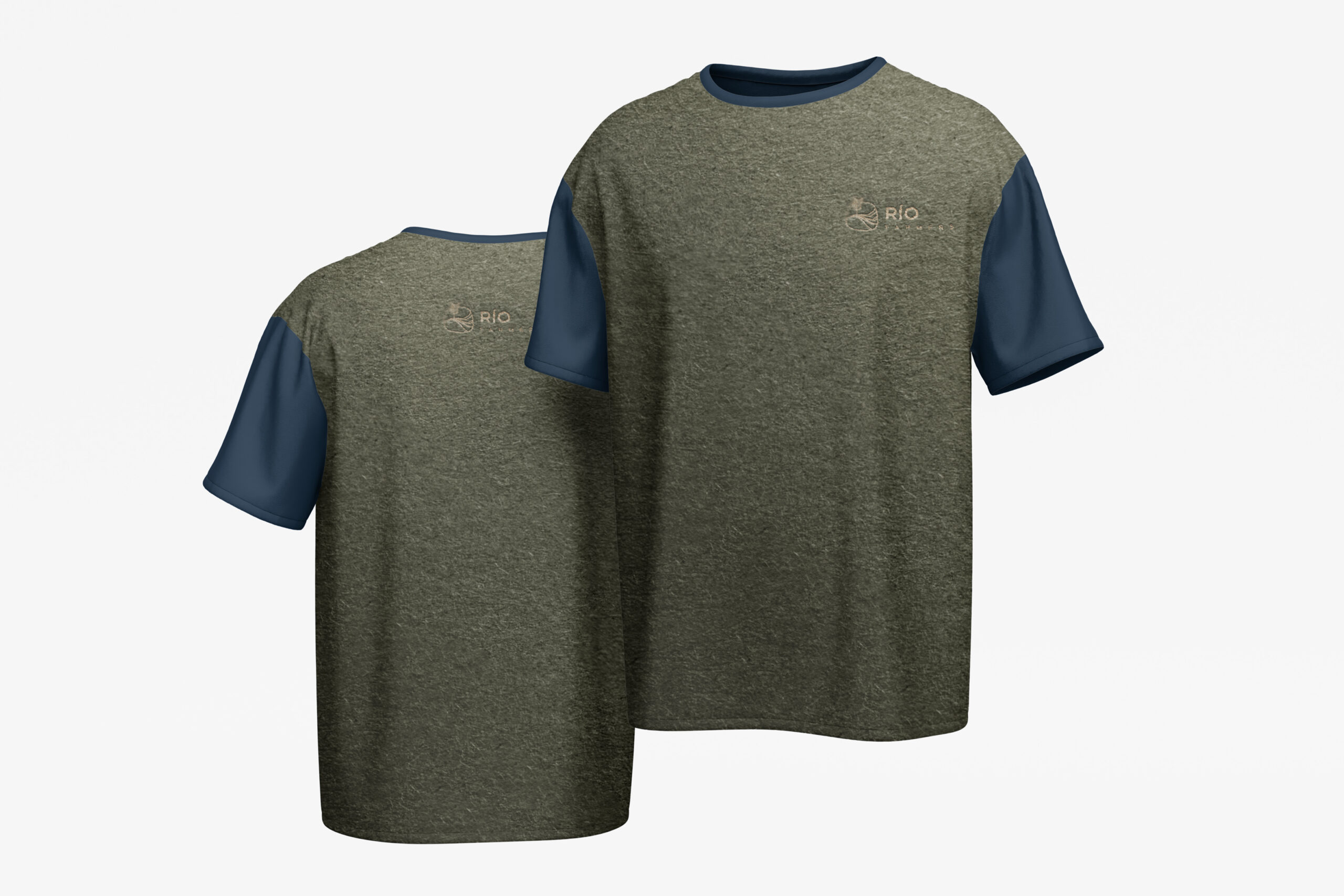 Camiseta de hombre con logotipo Río Farmers verde y azul, diseño de merchandising agrario