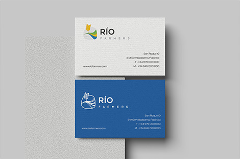 Tarjeta de visita Río Farmers blanca y azul