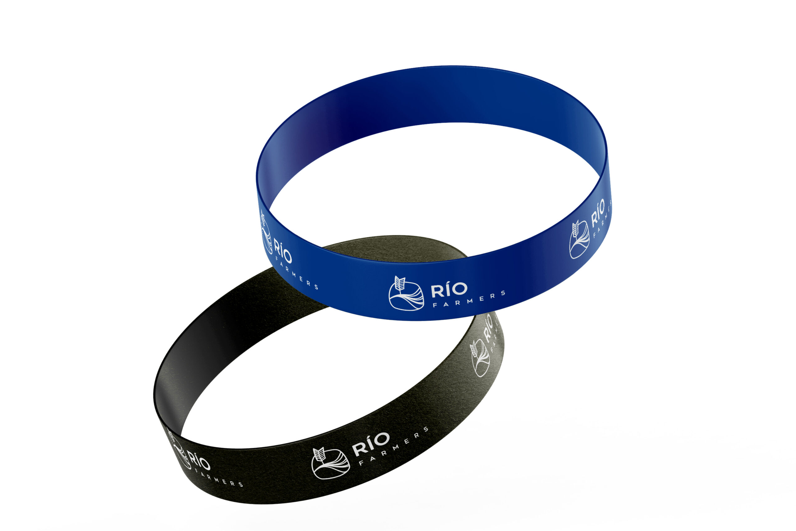 Pulseras con logotipo Río Farmers verde y azul, diseño de merchandising agrario